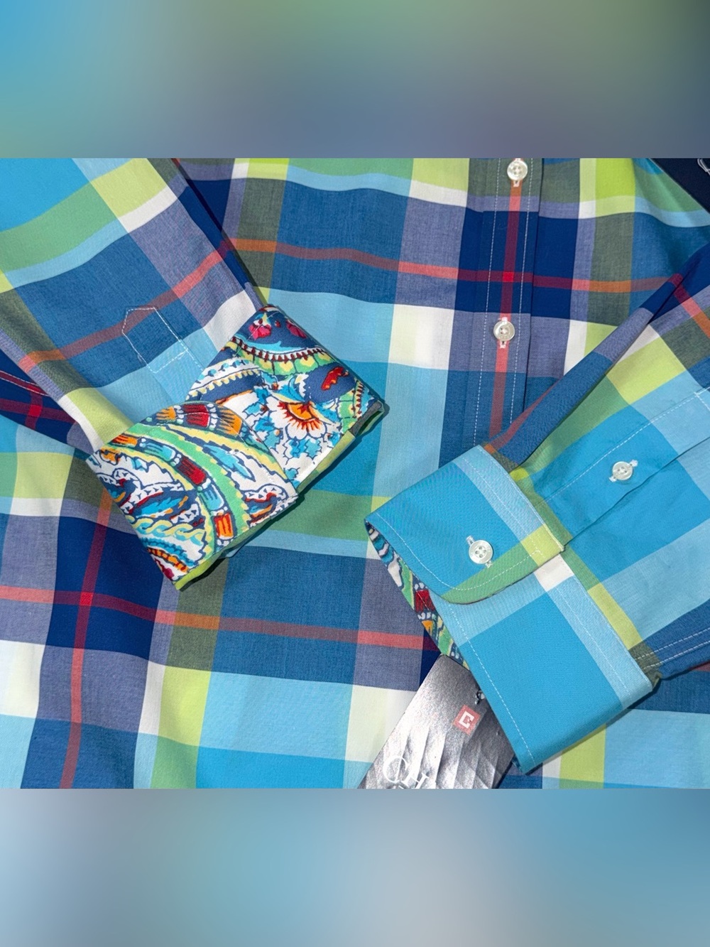 Chaps NO IRON Button Up Shirt Blue Plaid Top 3/4 Sleeve Women Sz Large ~ NWT - Picture 7 of 11